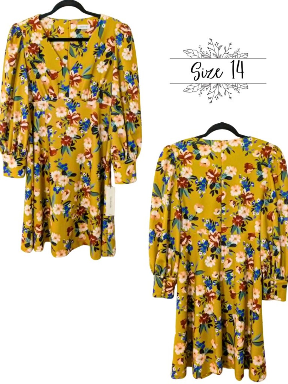 NWT Calvin Klein Mustard Floral Fit & Flare Long Sleeve Midi Dress Boho Size 14